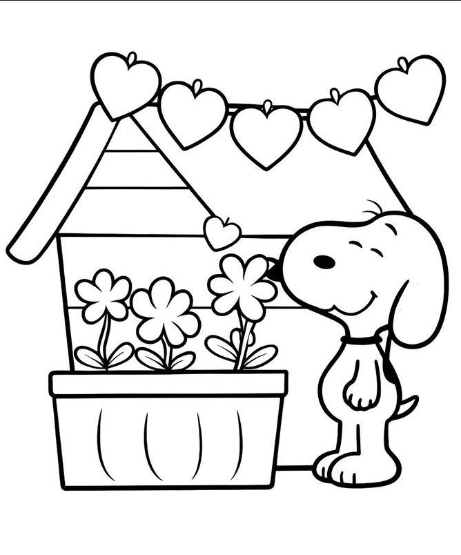 Desenho do Snoopy, o famoso beagle, em frente à sua casinha decorada com corações e flores, pronto para imprimir e colorir.