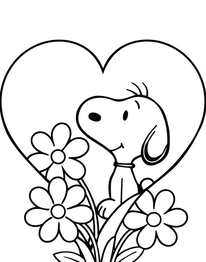 Desenho do Snoopy com corações e flores para celebrar o Dia dos Namorados, perfeito para colorir e expressar o amor.