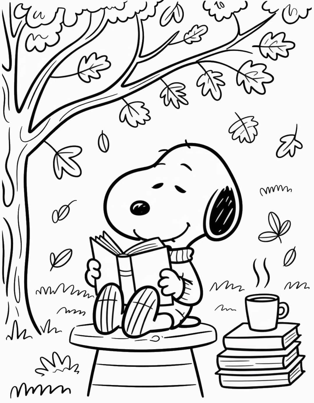 Desenho do Snoopy lendo, com uma xícara de café e livros, para imprimir e colorir.
