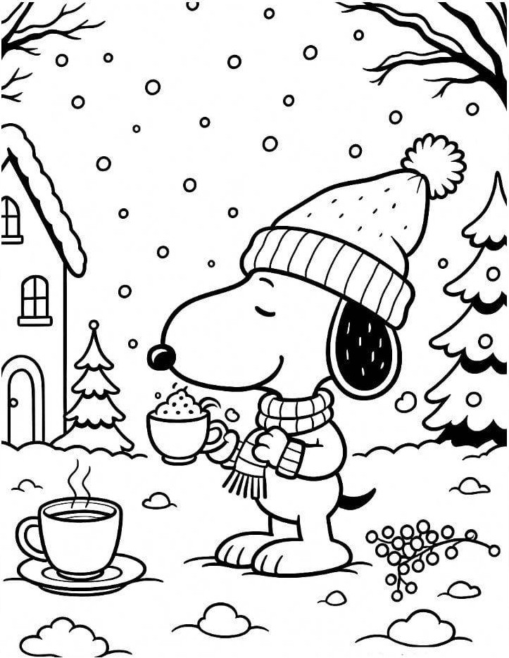 Desenho do Snoopy festivo com chapéu, cachecol, chocolate quente, árvore de Natal e neve para colorir.