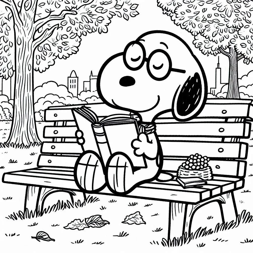 Desenho do Snoopy sentado em um banco de parque lendo um livro com árvores, cesta de piquenique e folhas caídas para colorir.
