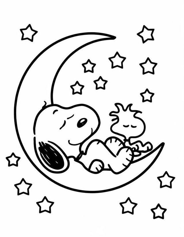 Snoopy dormindo na lua com Woodstock em um céu estrelado. Imprima e dê vida a essa cena de amizade!