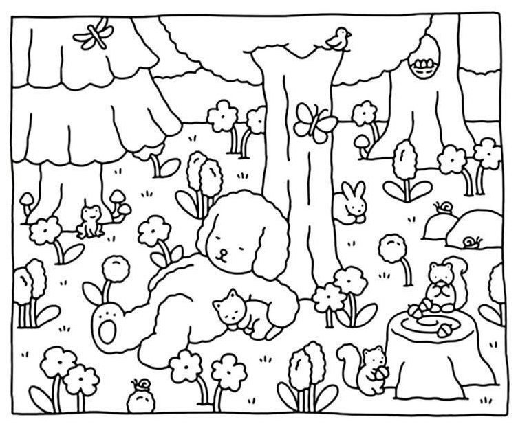 Desenho de um cão e gato dormindo em um parque com árvores, flores e outros animais da Bobbie Goods para imprimir e colorir.