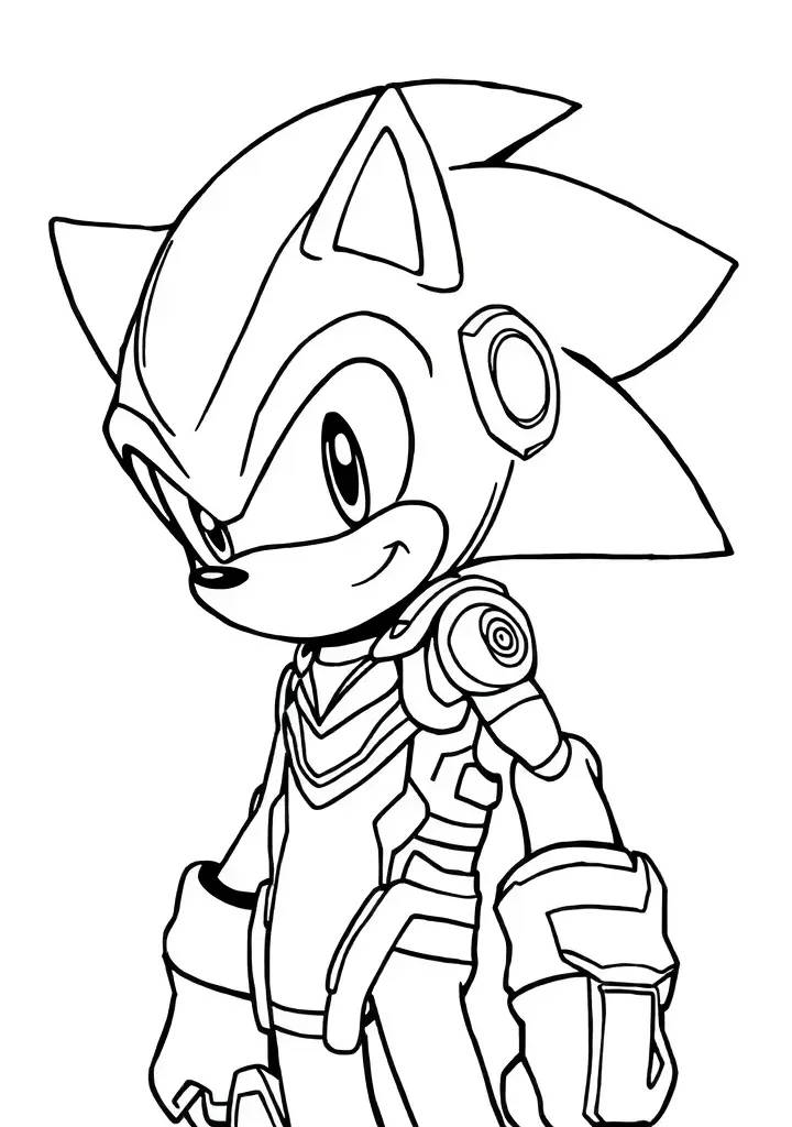 Desenho do Sonic com traje futurista e armadura para imprimir e colorir.