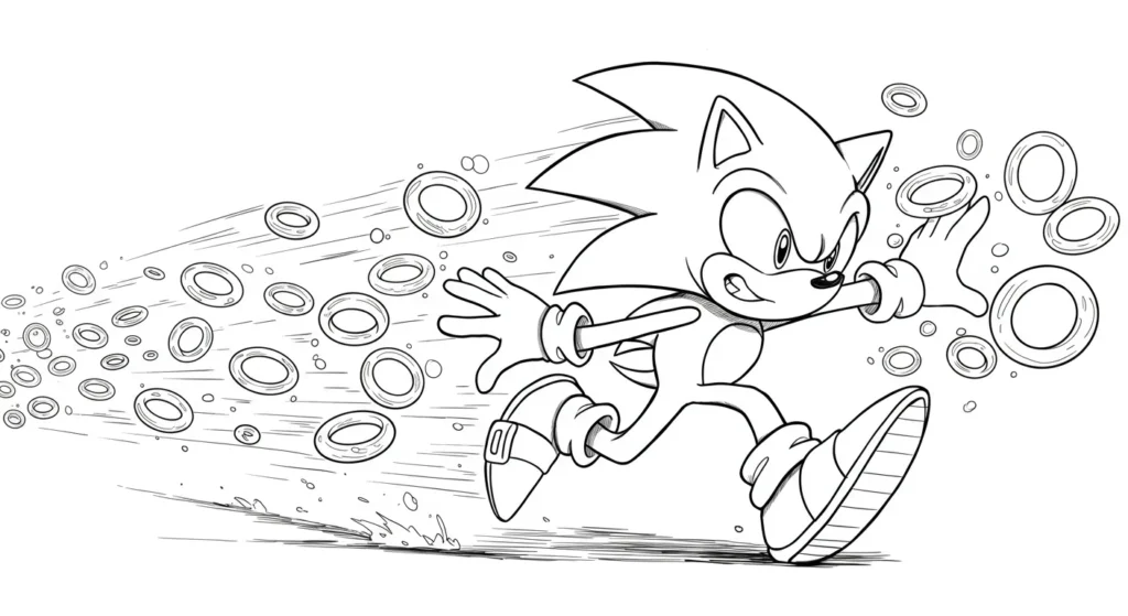 Desenho do Sonic correndo em alta velocidade com anéis para imprimir e colorir.