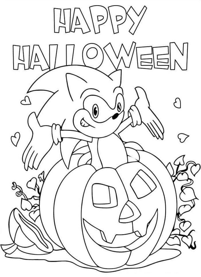 Desenho do Sonic fantasiado no Halloween com abóboras e 'Happy Halloween' para colorir.