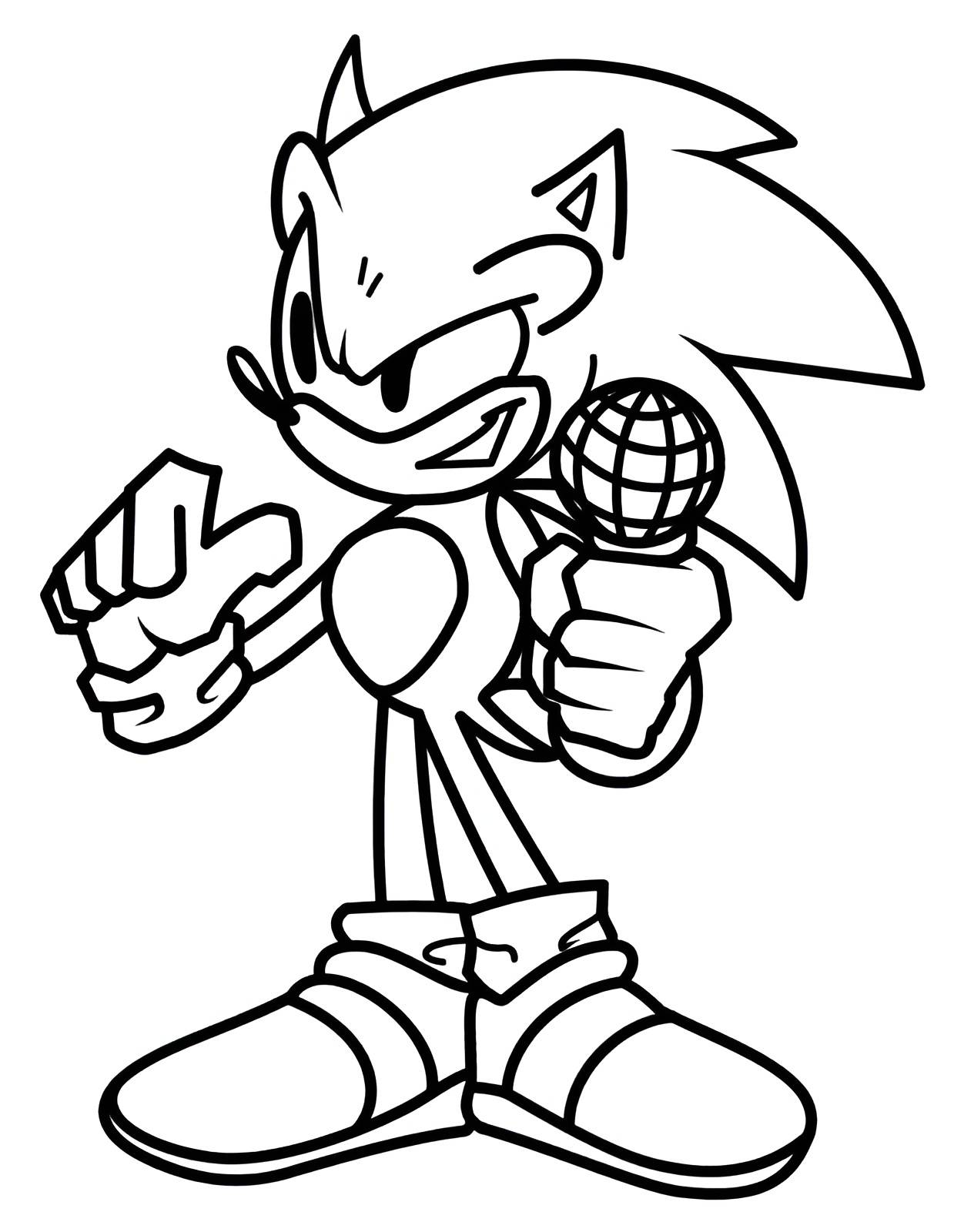 Desenho do Sonic no estilo Friday Night Funkin' segurando um microfone para imprimir e colorir.