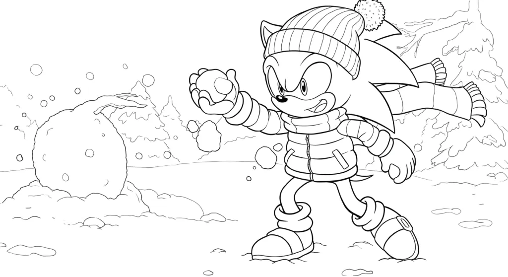 Desenho do Sonic jogando bola de neve em boneco de neve para imprimir e colorir.