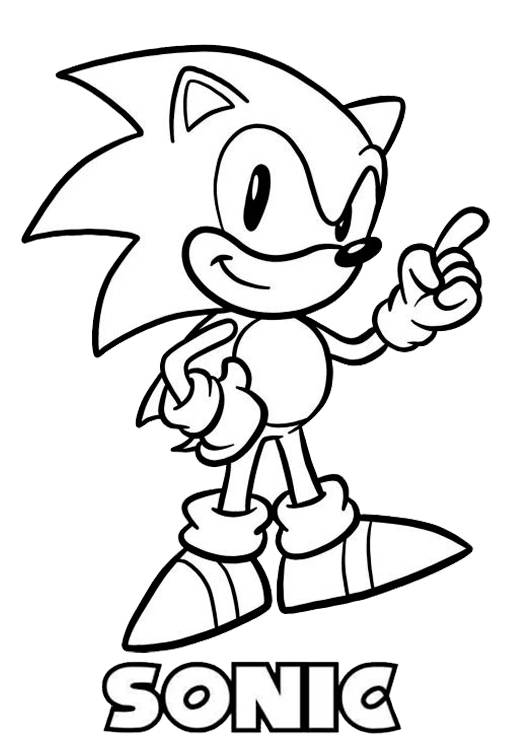 Desenho do Sonic Clássico sorrindo com o texto SONIC para imprimir e colorir.