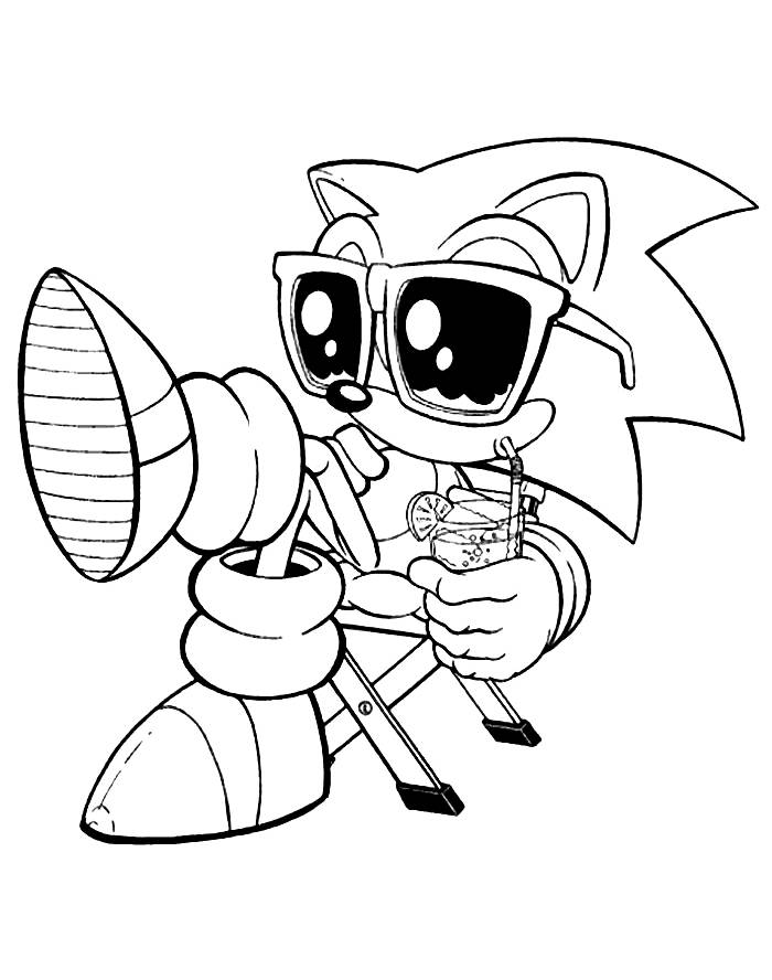 Desenho do Sonic na praia com óculos de sol e drink para imprimir e colorir.