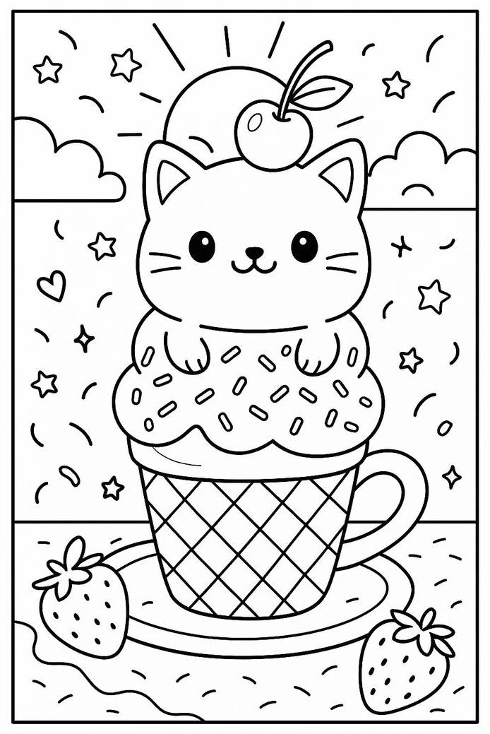 Desenho de um Sorvete Gatinho Kawaii sorrindo, com cereja e morangos, perfeito para imprimir e colorir.