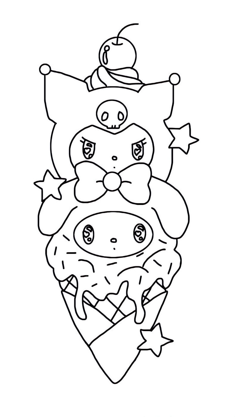 Desenho de um sorvete com a Kuromi e a My Melody, com chapéu de caveira e cereja, para colorir.