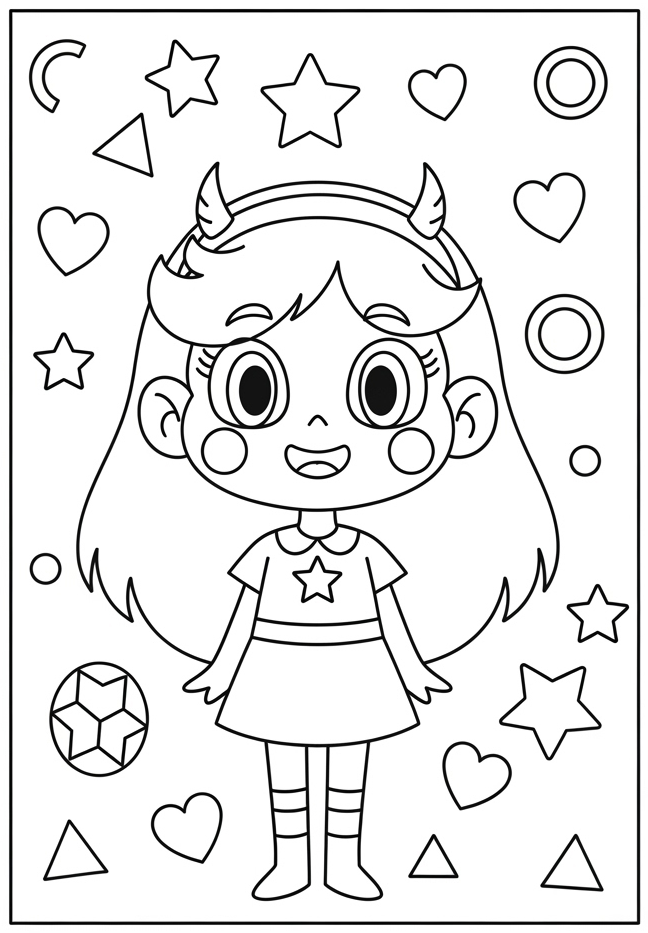 Desenho fofo da Star Borboleta em versão Chibi, com seu vestido de estrela, para imprimir e colorir.