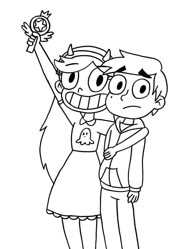 Desenho da Star Borboleta com varinha mágica e Marco Diaz de moletom para imprimir e colorir.