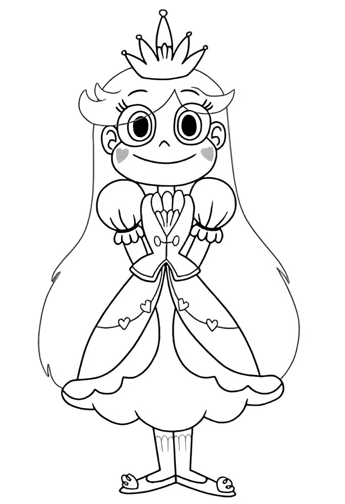 Desenho da Star Borboleta, a Princesinha de Mewni, com sua coroa, marcas de coração e vestido mágico, pronta para colorir e viver grandes aventuras!