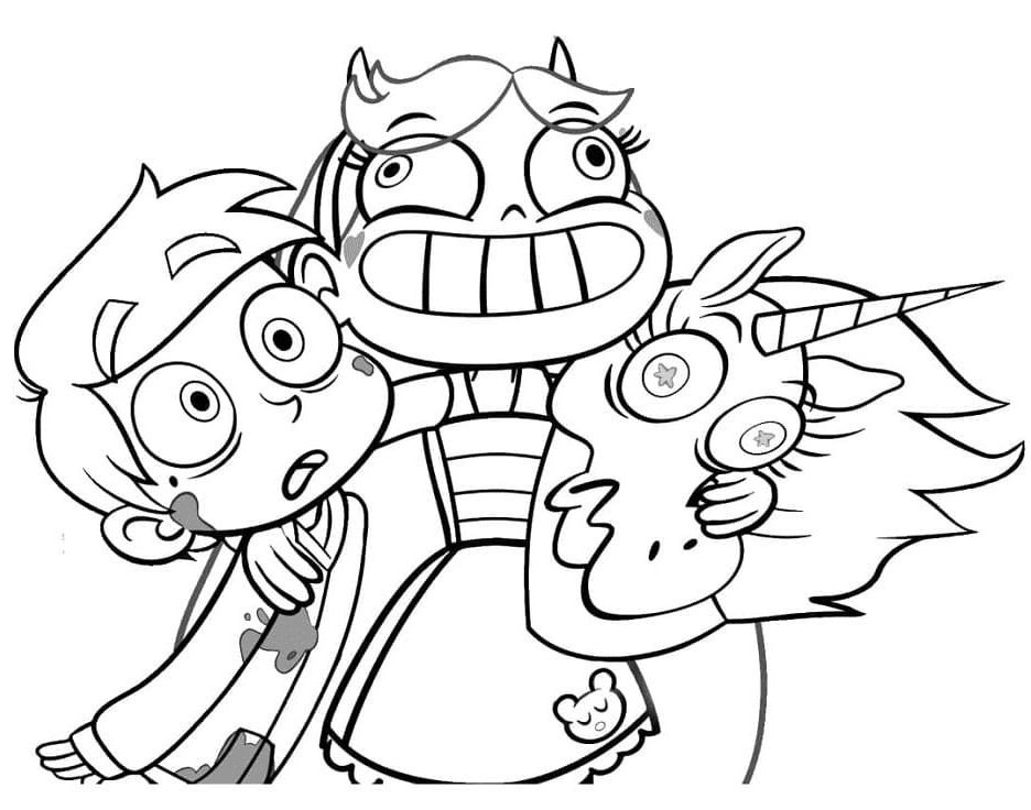 Desenho da Star Butterfly, Marco Diaz e Cabeça Pônei abraçados para colorir. Celebre a amizade interdimensional!