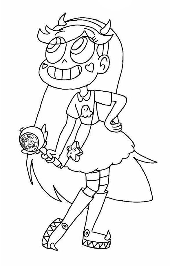 Desenho da Star Butterfly com varinha mágica, tiara de chifres e visual de princesa heroína de Mewni para imprimir e colorir.