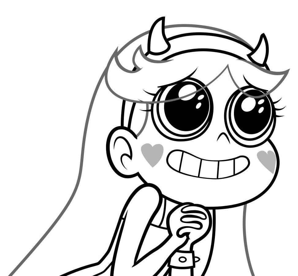 Desenho da Star Butterfly sorrindo, segurando sua varinha mágica, pronta para colorir e criar aventuras.