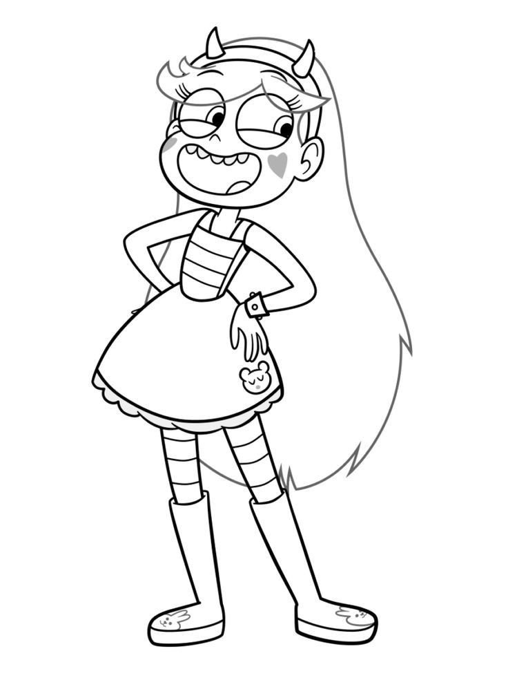 Desenho da Star Espertinha com chifres, estrela na bochecha, vestido listrado e botas de coelho para colorir.