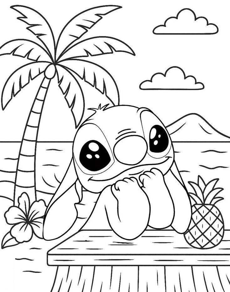 Desenho do Stitch alienígena sereno relaxando em um banco com um cenário tropical para colorir.