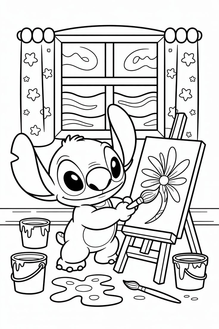 Desenho de Stitch como artista, pintando uma flor em uma tela, incentivando a criatividade, para imprimir e colorir.