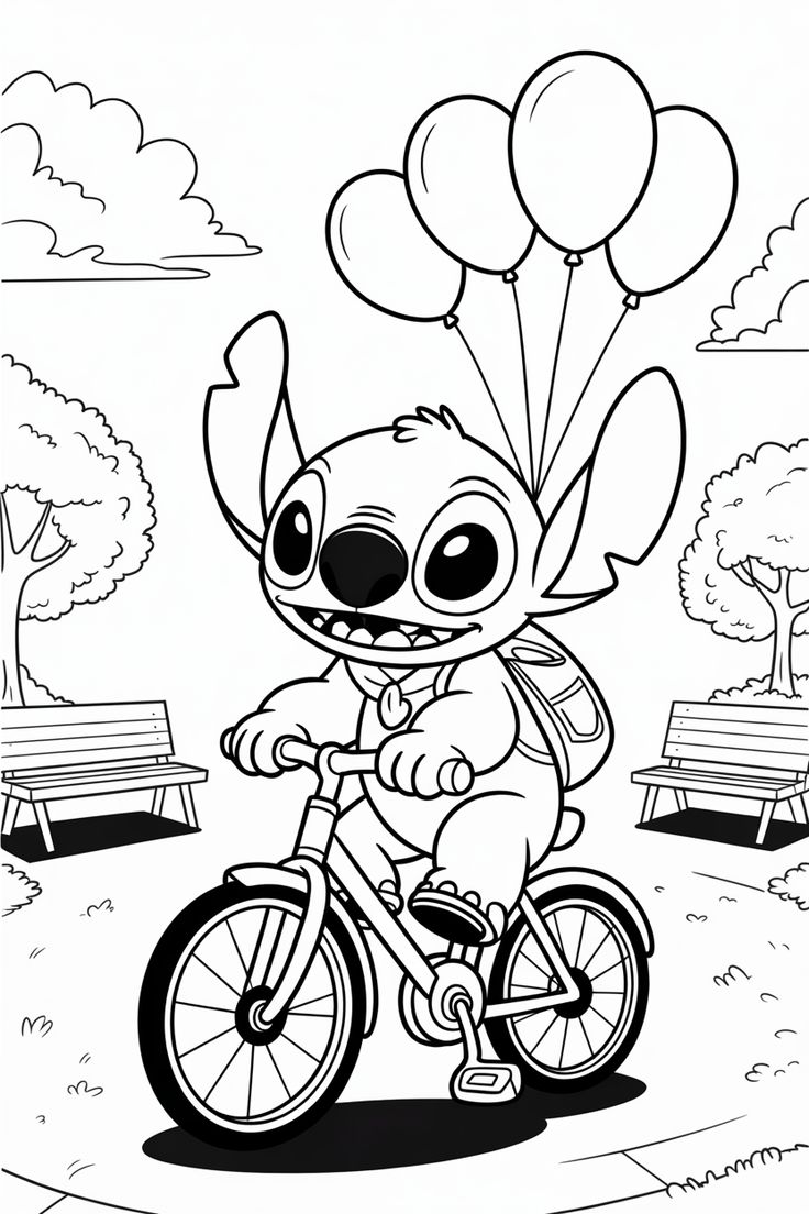 Desenho do Stitch pedalando uma bicicleta com balões em um parque, pronto para imprimir e colorir.