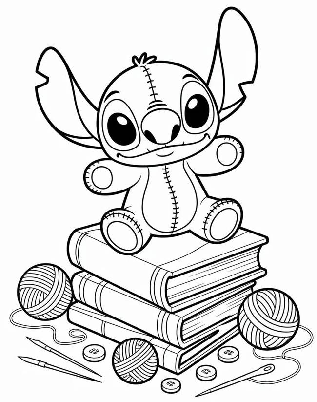 Desenho do Stitch de pelúcia sentado em livros com materiais de costura para imprimir e colorir.