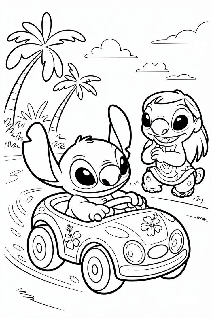 Desenho do Stitch dirigindo carro em uma aventura havaiana, ideal para colorir e soltar a imaginação.