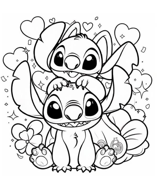 Desenho de Stitch e Angel juntos, um casal apaixonado cercado de amor, para imprimir e colorir.