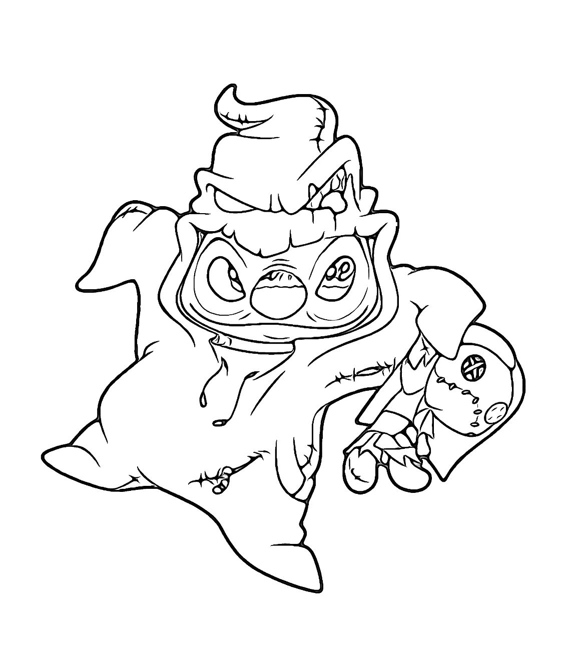 Desenho do Stitch fantasiado de zumbi com capuz rasgado e boneco voodoo, para imprimir e colorir.