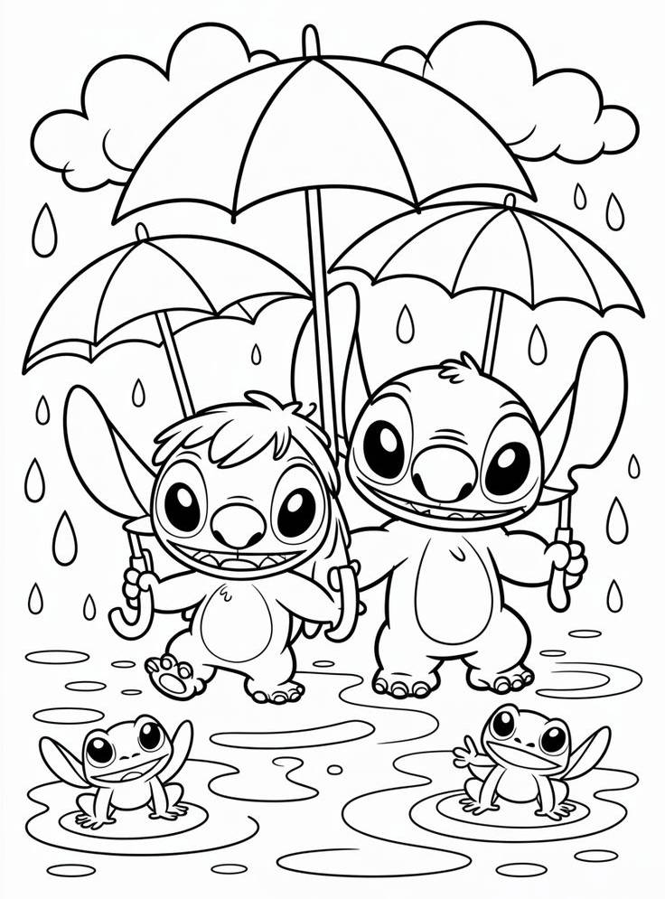 Desenho do Stitch e sua filha na chuva, dividindo guarda-chuvas com outras crianças, pronto para imprimir e colorir.