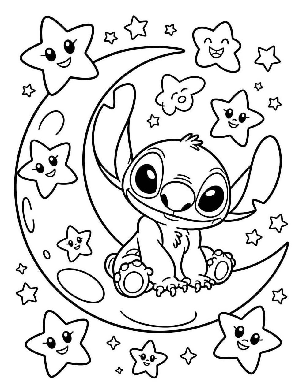 Desenho do Stitch sentado na lua crescente com estrelas sorrindo para imprimir e colorir.