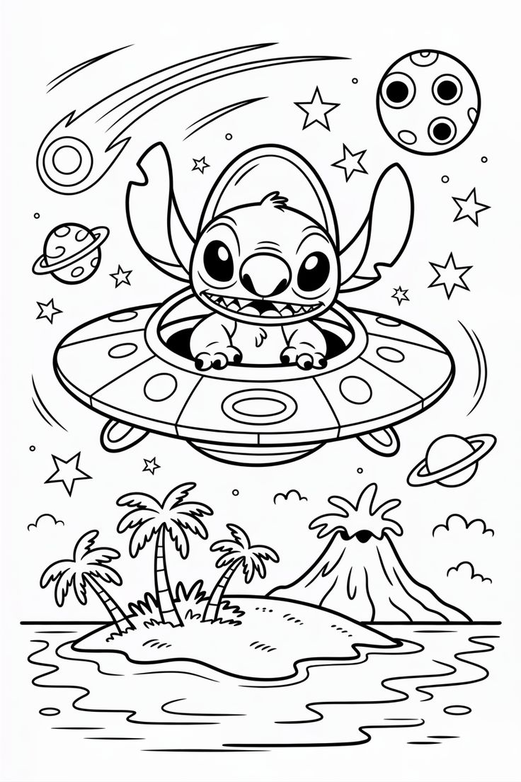 Desenho do Stitch, o alienígena, pilotando uma nave espacial com temática havaiana, pronto para imprimir e colorir.