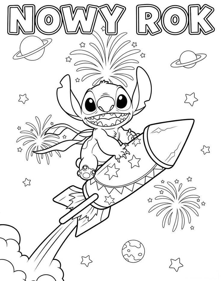 Desenho do Stitch celebrando Nowy Rok em um foguete com estrelas, perfeito para imprimir e colorir.