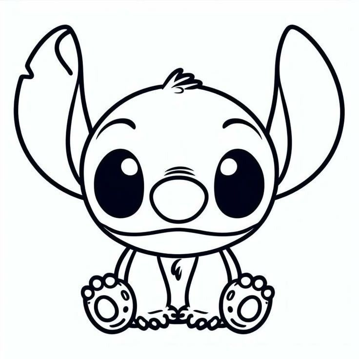 Desenho de Stitch pelúcia com olhos grandes e estilo kawaii para imprimir e colorir.