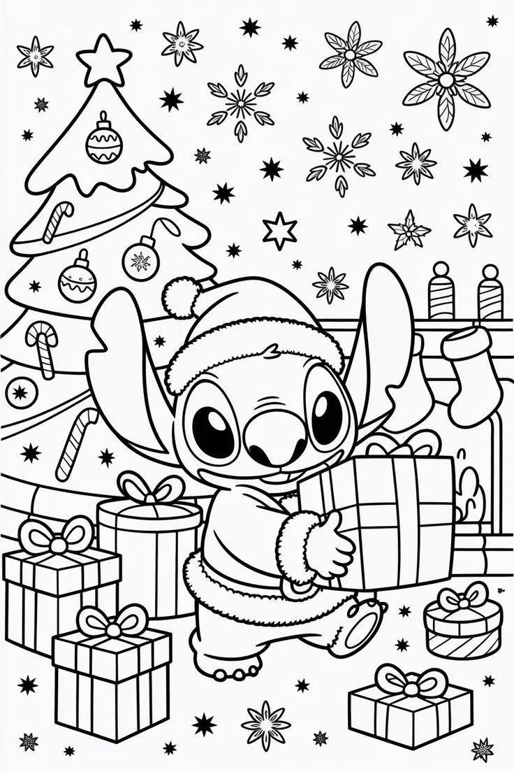 Desenho do Stitch com chapéu de Papai Noel, segurando um presente, com árvore de Natal e decorações ao fundo para colorir.