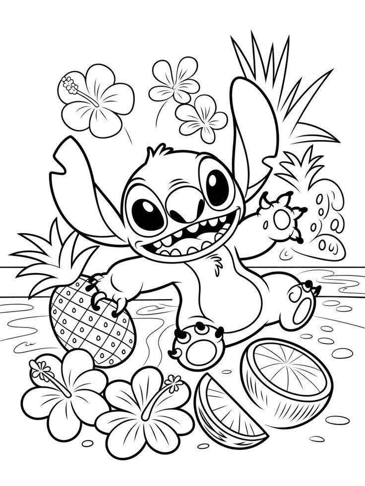 Desenho do Stitch sorrindo rodeado de frutas tropicais e flores havaianas para imprimir e colorir.
