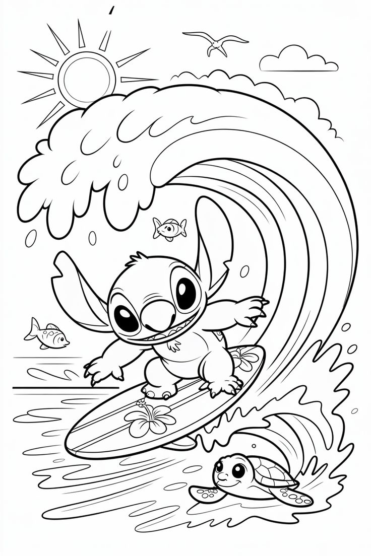 Desenho do Stitch surfando em um caiaque decorado em uma onda com peixes, tartaruga e sol para imprimir e colorir.
