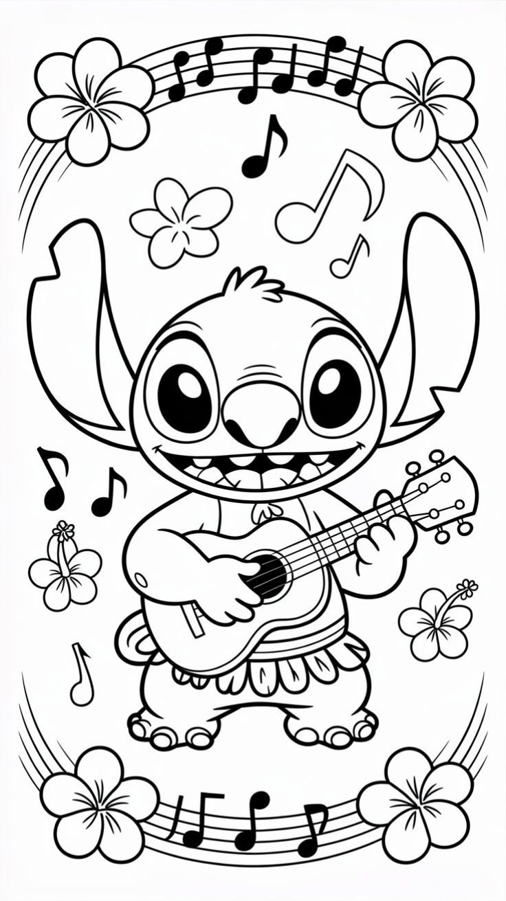 Desenho do Stitch tocando ukulele, cercado de flores e notas musicais, para imprimir e colorir.