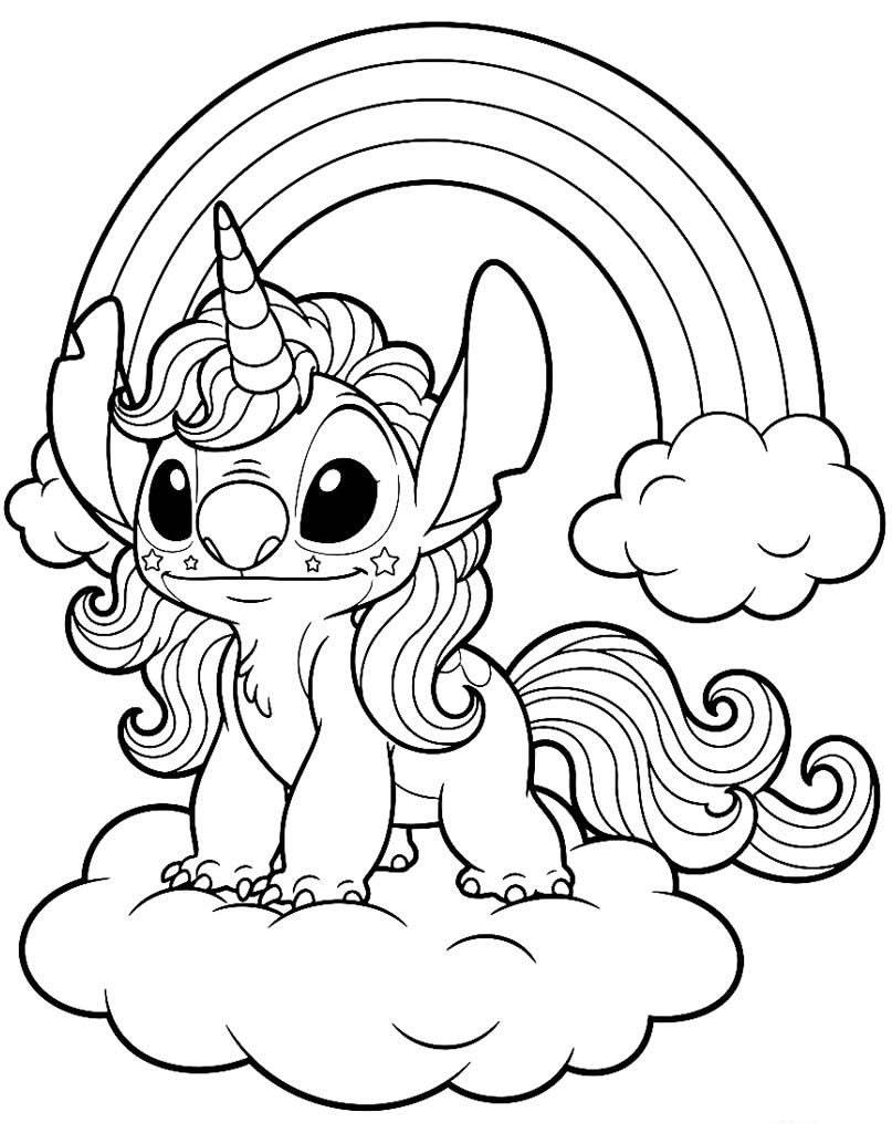 Desenho do Stitch Unicórnio em uma nuvem com arco-íris para imprimir e colorir.