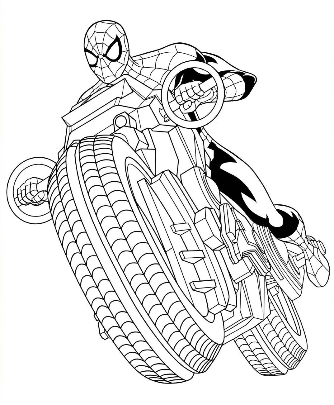 Desenho do Homem-Aranha em uma moto, pronto para imprimir e colorir. Solte a imaginação nesse super herói aracnídeo!