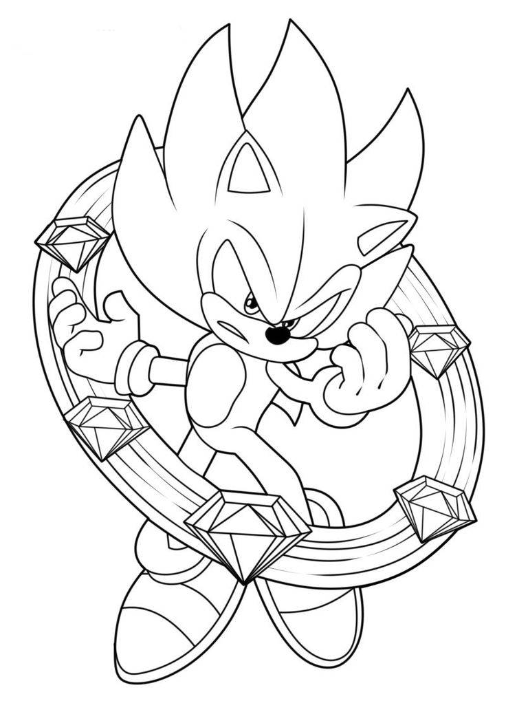 Desenho do Super Sonic Caótico com energia azul e Esmeraldas do Caos, pronto para imprimir e liberar seu poder na coloração!