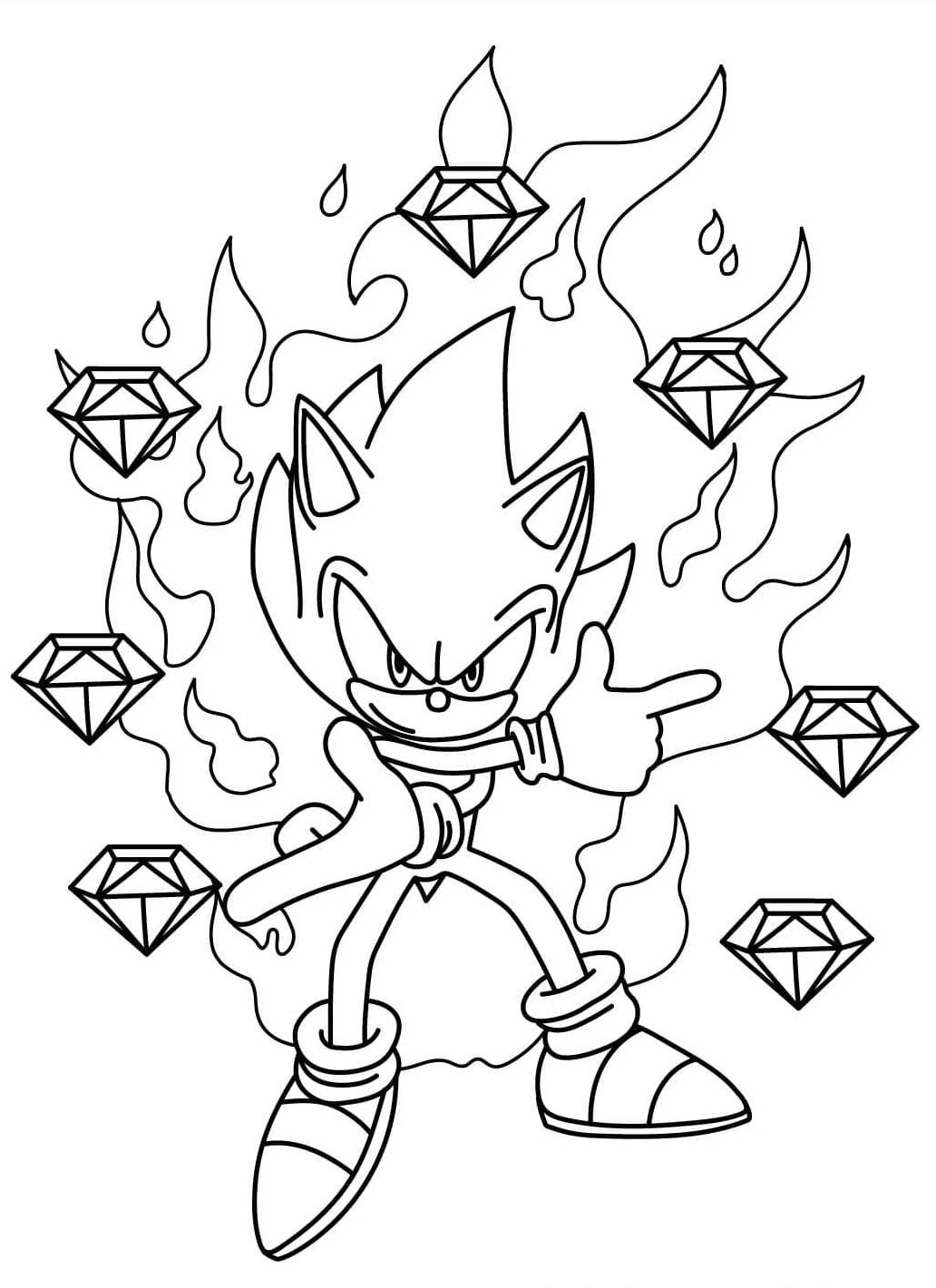 Desenho do Super Sonic em Chamas com diamantes e energia intensa, pronto para colorir e liberar todo o seu poder!