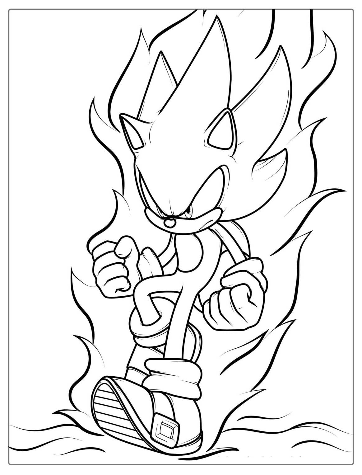 Desenho do Super Sonic Corrompido com chamas distorcidas e energia caótica, pronto para colorir e explorar o lado negro do poder!