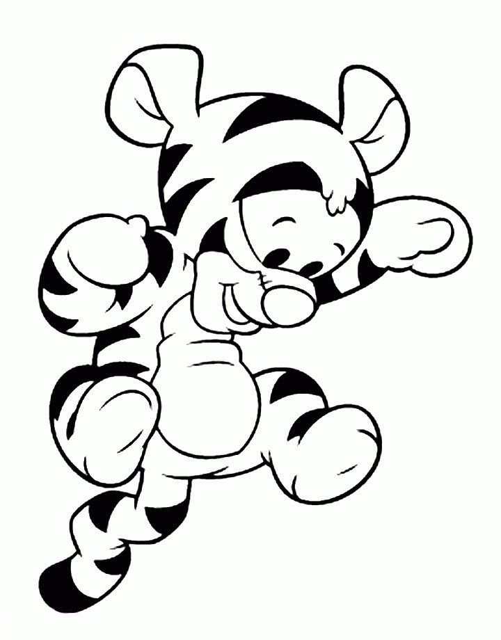 Desenho fofo do Tigrão Kawaii do Ursinho Pooh, com listras pretas, grandes orelhas e um sorriso contagiante, pronto para colorir e se divertir.