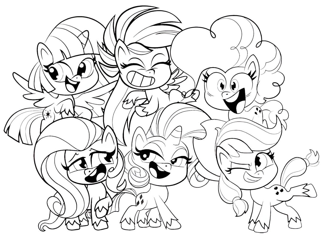 Desenho com todas as pôneis de My Little Pony reunidas sorrindo para imprimir e colorir.