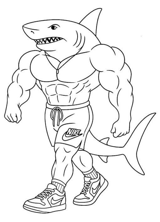 Desenho de tubarão Tralalero Tralala musculoso, o famoso Brainrot Italiano, com shorts e tênis da Nike para imprimir e colorir.