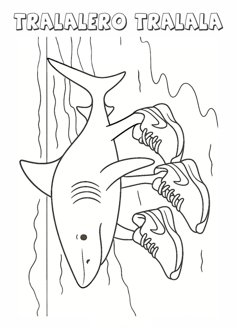 Desenho para colorir do Tralalero Tralala, um tubarão de desenho animado usando três tênis da Nike e ondas estilizadas ao fundo.