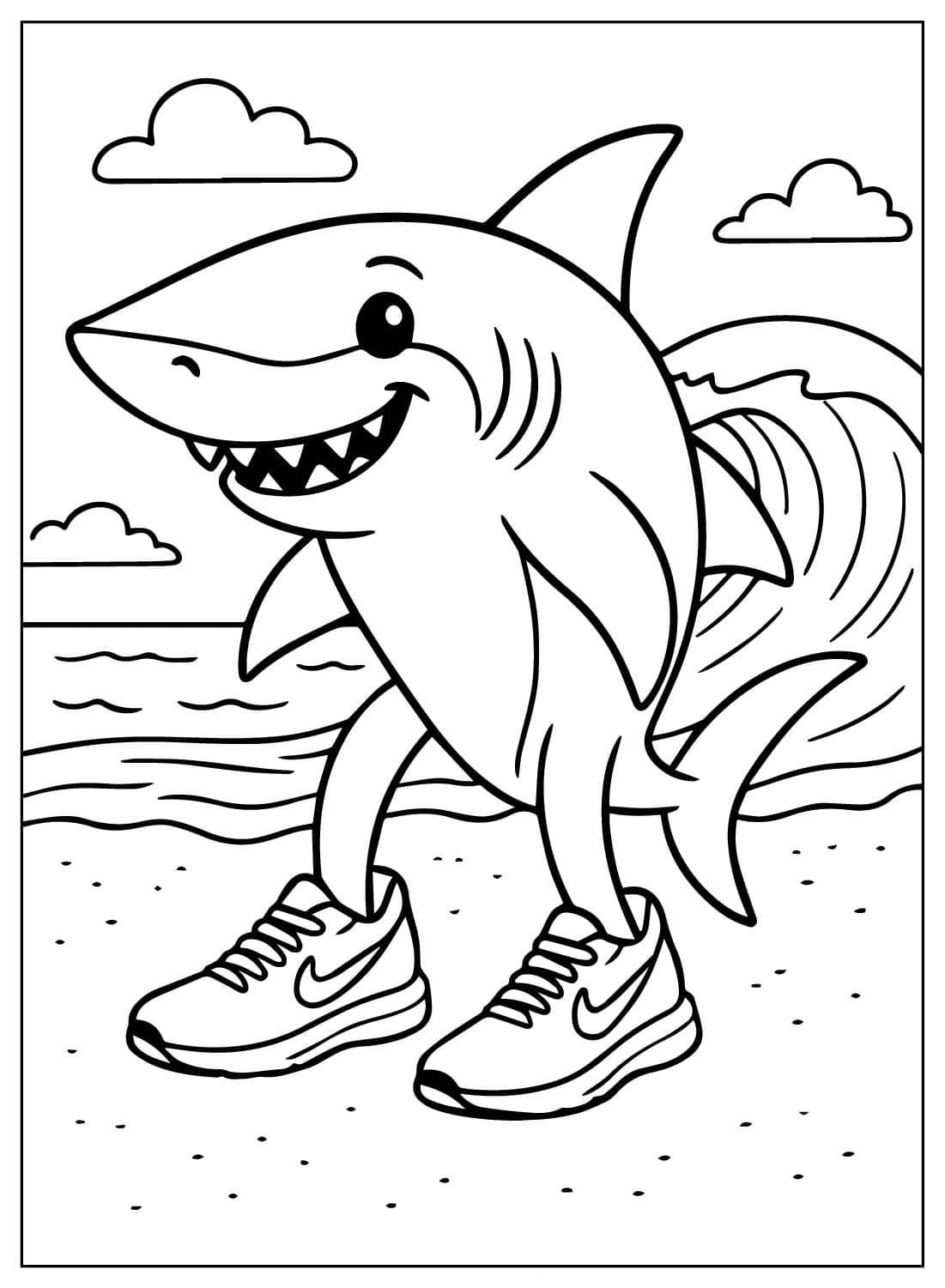 Desenho do Tralalero Tralala, um tubarão antropomórfico sorrindo, com tênis Nike, em um fundo de praia para colorir e imprimir.