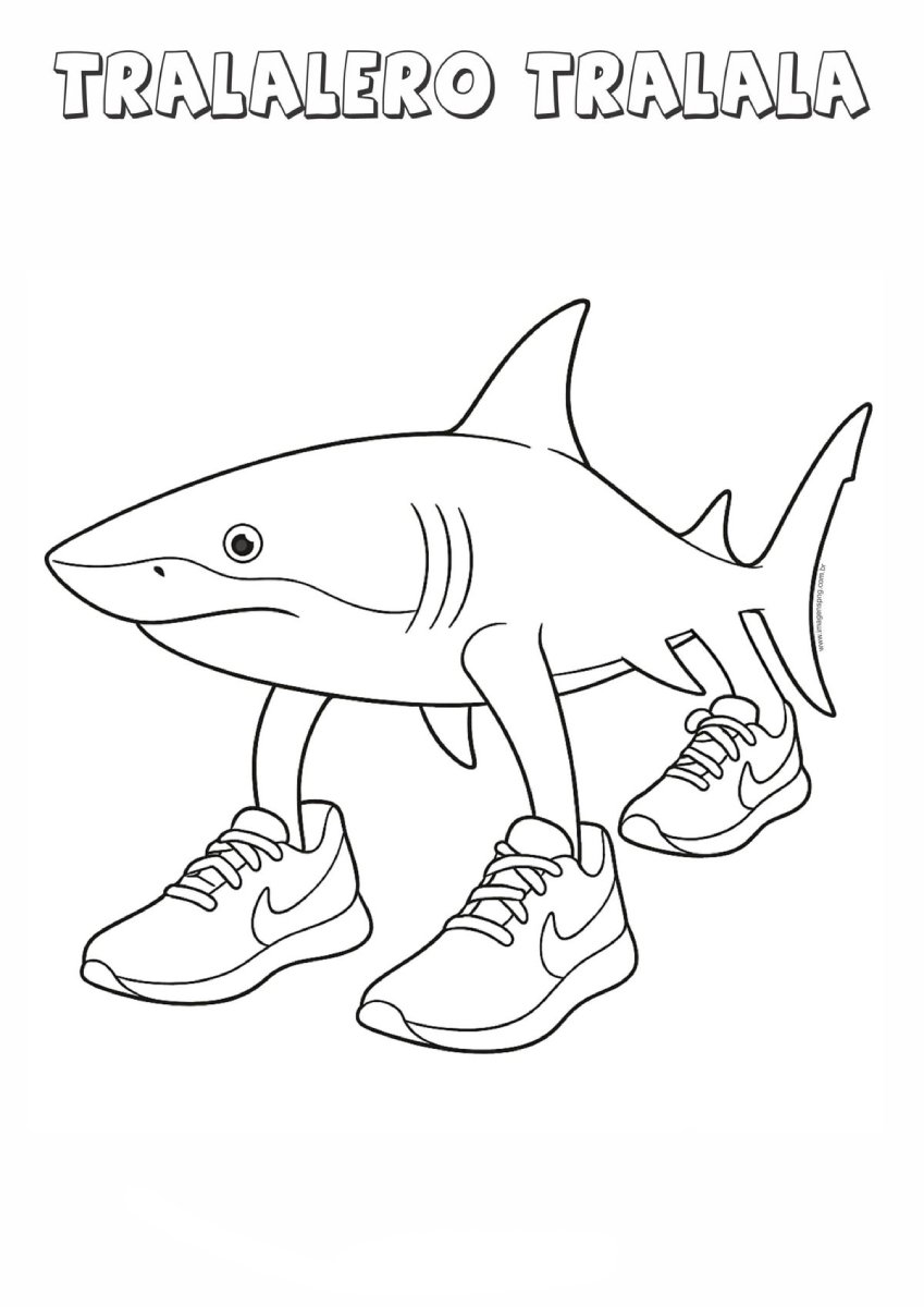 Desenho de um tubarão antropomorfizado com tênis Nike e a frase 'TRALALERO TRALALA', perfeito para colorir e se divertir com este meme viral.